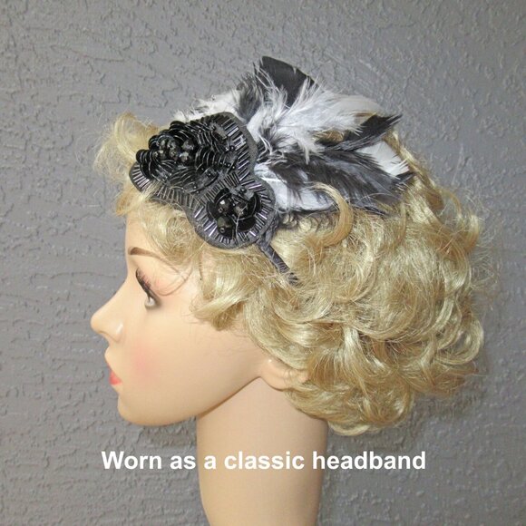 Fascinator / Headband, Black beads + black & white feathers on narrow black band - Picture 4 of 14
